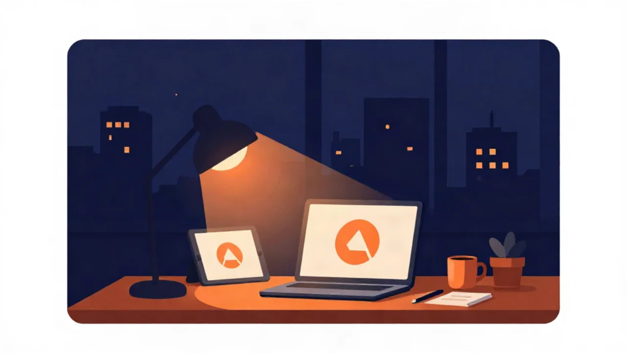 Flat vector illustration in midnight navy of a designer's desk at night: an open laptop and a propped-up tablet both display the same abstract circle-and-triangle logo mark in orange, lit by a warm amber desk lamp, with a coffee mug and a potted plant on the desk and a navy city skyline through the window behind