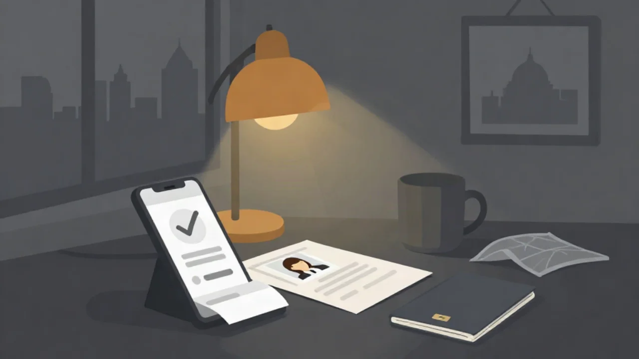 Flat vector illustration in charcoal grey of a desk at night: a propped-up smartphone shows an approved application with a large checkmark and no photo, beside a printed document with a small portrait photo, a passport, a mug, and a folded map, lit by a warm amber desk lamp, with a framed domed skyline on the wall and a grey city skyline through the window.