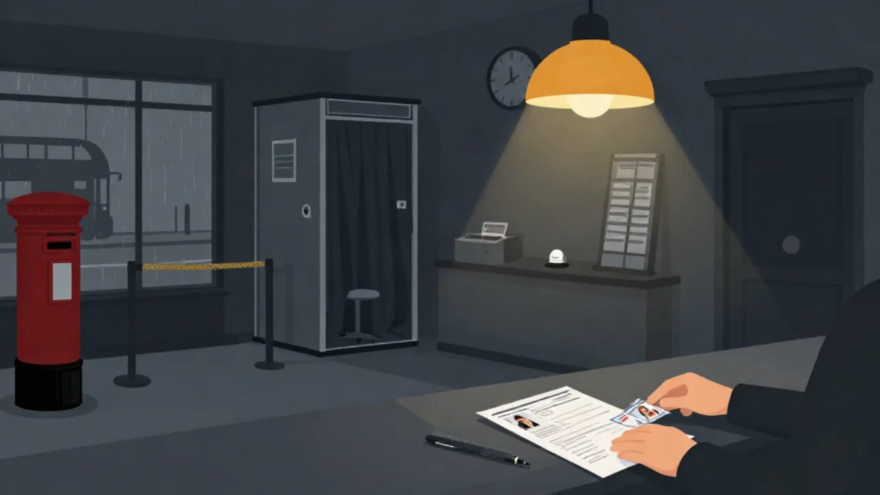 Flat vector illustration in charcoal and slate of a British post office at dusk: a pair of hands on the counter slides a small strip of printed ID photos beside a paper application form, a pen and a ruler, with a curtained photo booth and stool against the wall, a service window with a bell and ticket dispenser, and a rain-streaked shopfront window showing a red pillar postbox and a double-decker bus, all lit by a single warm amber counter lamp