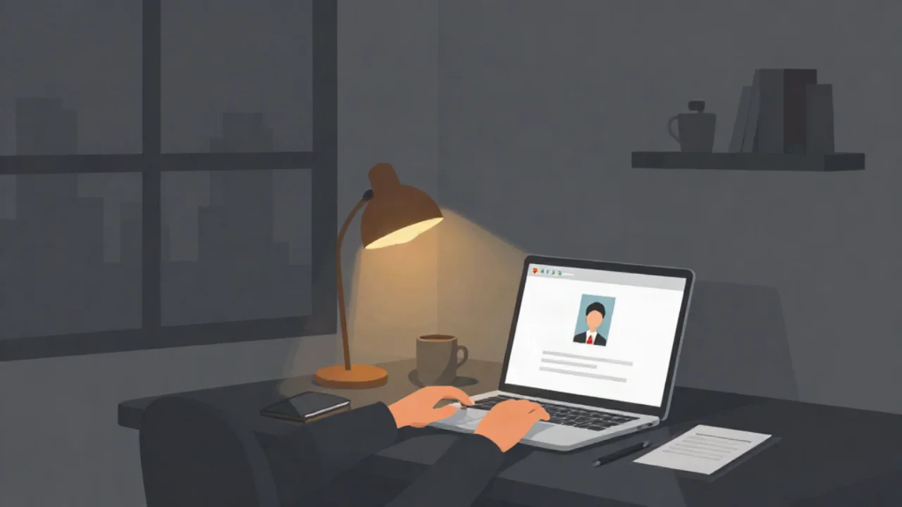 Flat vector illustration in charcoal grey of a desk at night during an online visa application: a pair of hands types at an open laptop showing a form with a portrait photo preview, lit by a warm amber desk lamp, with a mug, a phone, a wall shelf, papers, and a grey city skyline through the window.