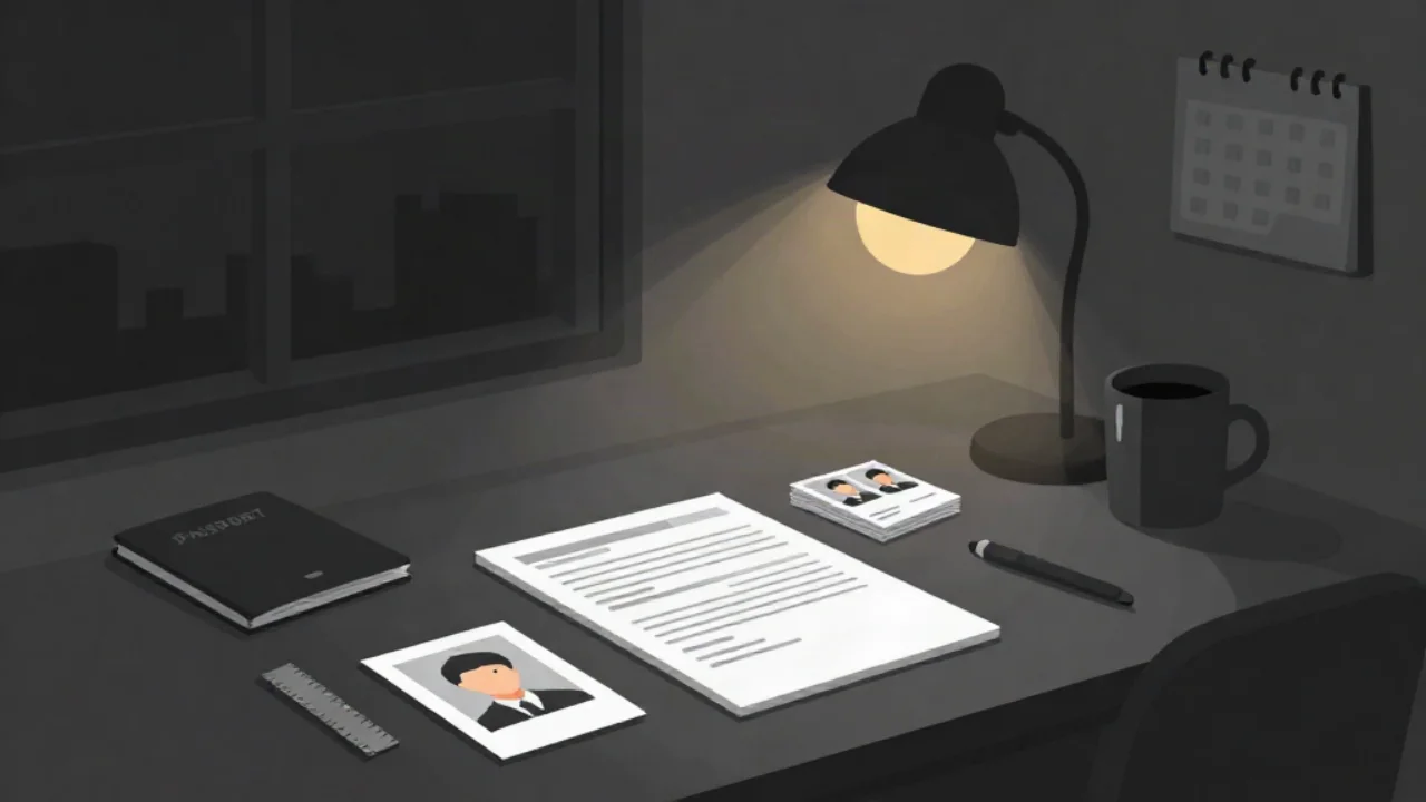 Flat vector illustration in charcoal and slate of a home desk at night: a dark passport booklet, a small ruler, a printed portrait ID photo, a paper application form, a stack of small ID photos, a pen and a coffee mug, lit by a single warm amber desk lamp, with a dark window showing a faint city skyline and a wall calendar behind