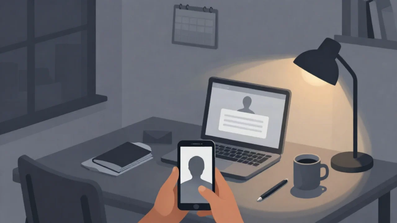 Flat illustration in charcoal grey of a desk at night: two hands hold a phone showing a faceless portrait silhouette in front of an open laptop showing the same silhouette above a form, with a dark booklet, an envelope, a pen and a coffee mug under an amber desk lamp, and a window and wall calendar behind