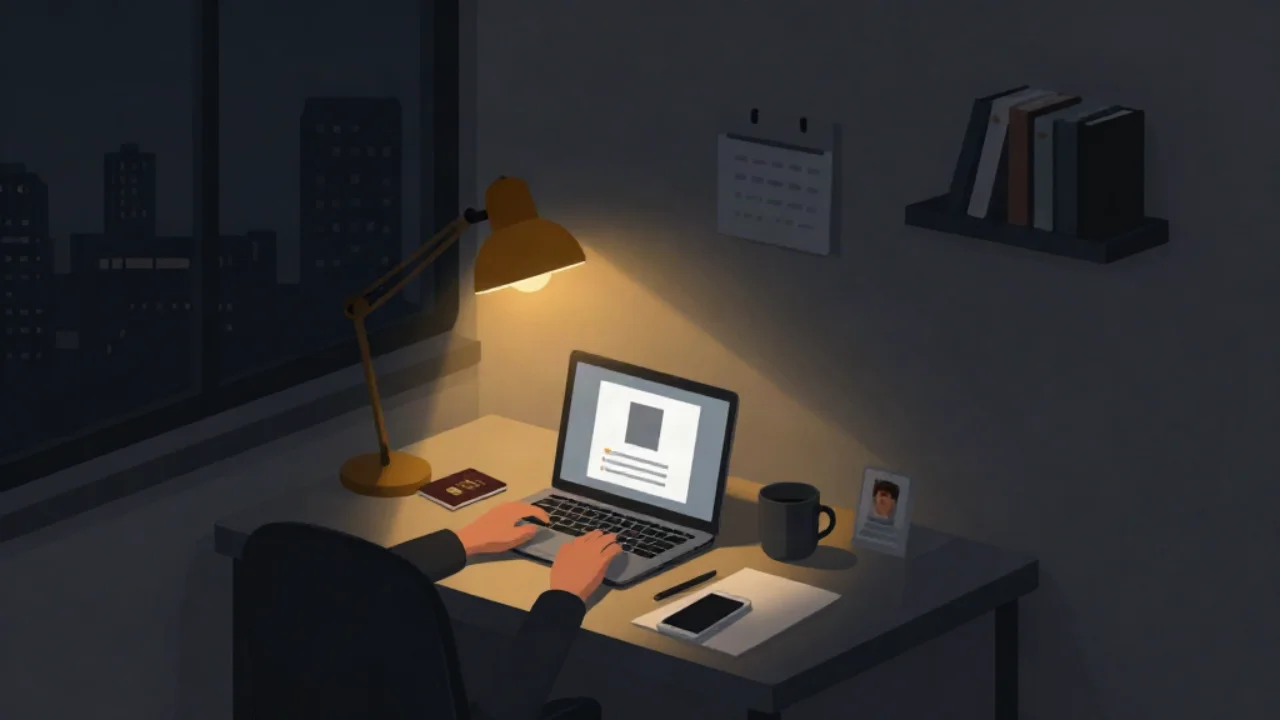 Flat vector illustration in charcoal and dark slate of a home desk at night: a person seen from behind rests both hands on a laptop keyboard, its glowing screen showing a square portrait photo inside an upload form panel; a warm amber desk lamp lights the scene, with a dark passport booklet beside the laptop, a small framed square ID portrait, a coffee mug, a face-down smartphone, a pen and a sheet of paper on the desk, and a dark window with a faint city skyline, a wall calendar and a book shelf on the wall behind.