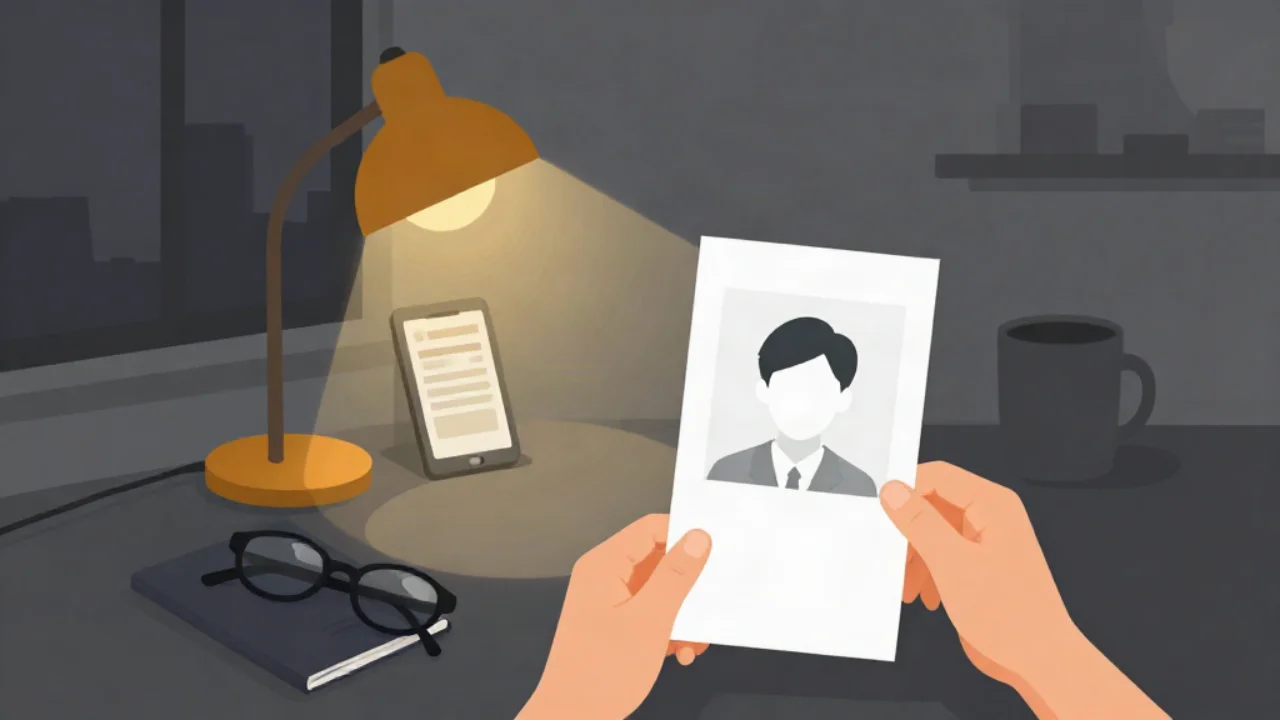 Flat vector illustration in charcoal grey of a desk at night: a pair of hands holds a tall portrait print of a person in formal attire on a white background, with a pair of eyeglasses folded and set aside on the dark desk beside a phone showing a form and a mug, lit by a single warm amber desk lamp, and a faint grey skyline through the window.