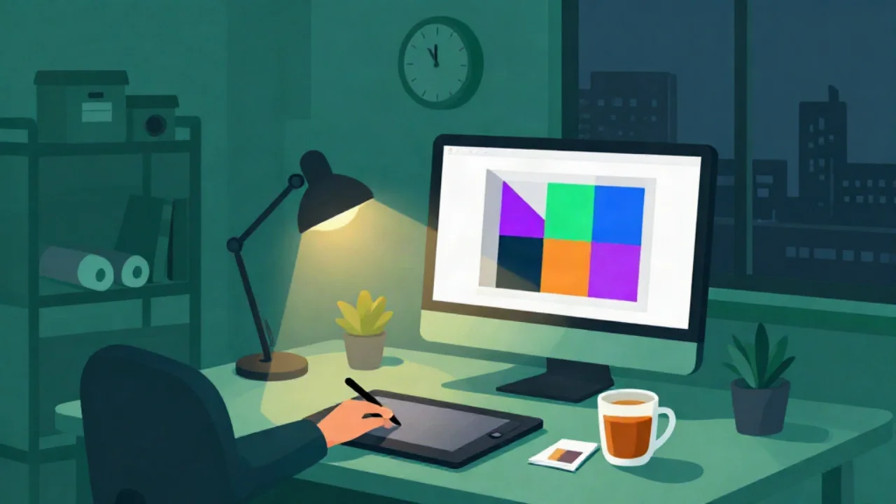 Flat vector illustration in teal green of a designer's night studio: a hand with a stylus on a drawing tablet, a warm desk lamp, and a monitor showing a photo corner magnified into a grid of flat coloured squares
