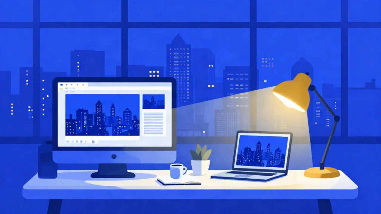 Flat vector illustration in cobalt blue of a developer's desk at night: a monitor showing a browser with a large cityscape photo and a smaller panel beside it, a laptop also showing a skyline, a coffee mug on an open notebook, a small potted plant, and a gold desk lamp casting warm light, with a city skyline through the window behind