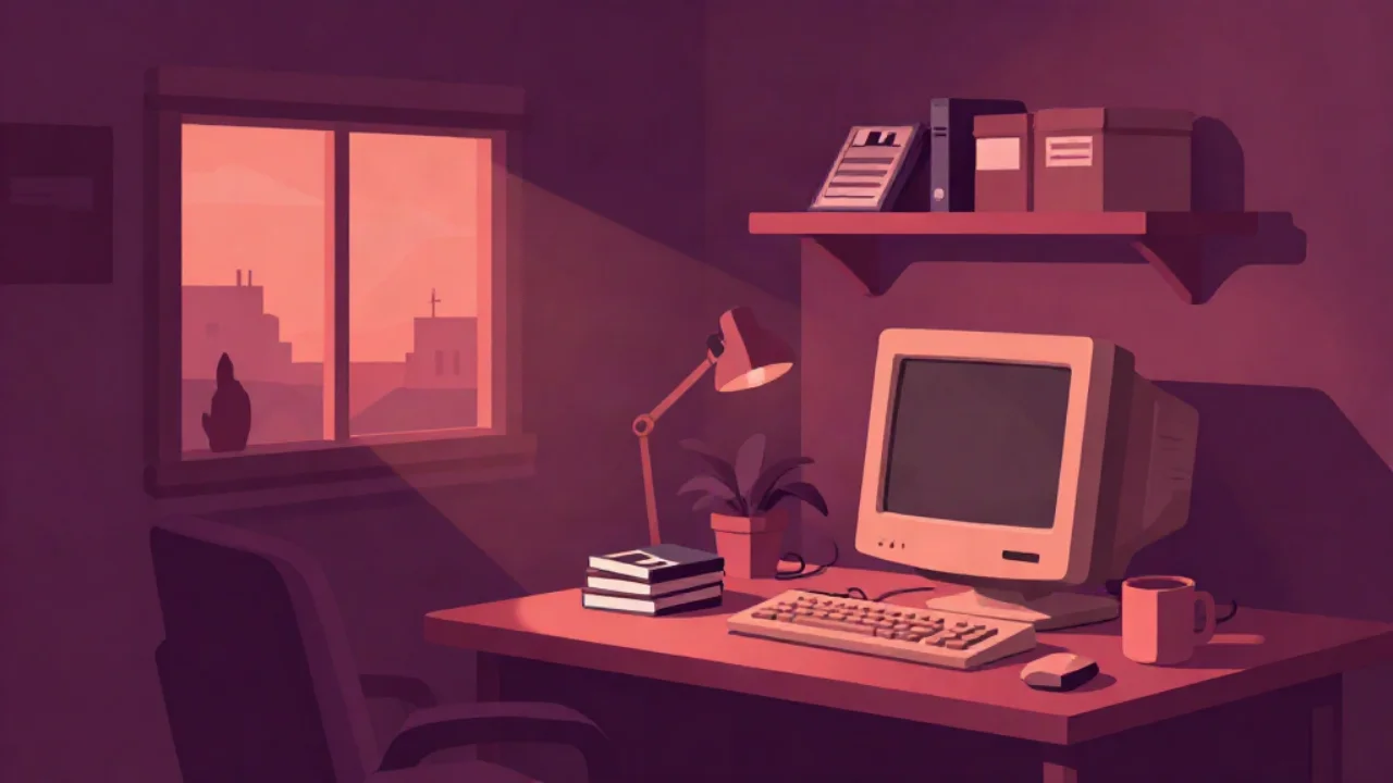Flat vector illustration in deep plum and burgundy of a retro home-office corner: a boxy old CRT monitor with a beige keyboard and mouse on a desk, a shelf of floppy disks, boxes and manuals above, a stack of books, a potted plant, and a mug, with warm coral evening light from a window over rooftops.