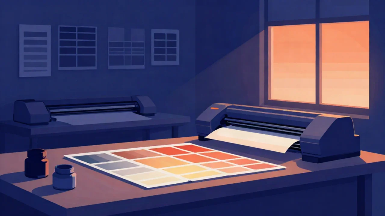 Flat vector illustration in midnight blue of a print studio at dusk: a large sheet of colour swatch squares on a workbench, ink pots, wide-format printers, and an orange sunset window