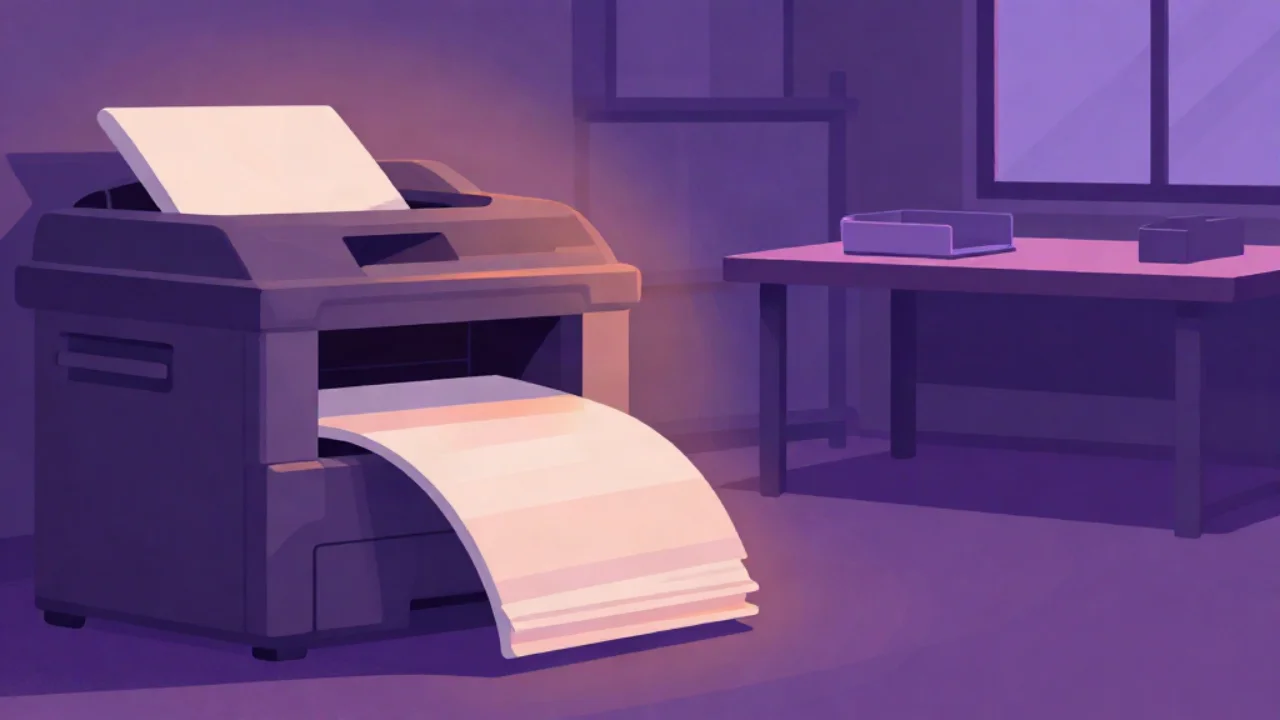 Flat vector illustration in deep violet of a copy room: a photocopier feeding out a long curling stack of printed sheets onto the floor, with a sorting table and window behind