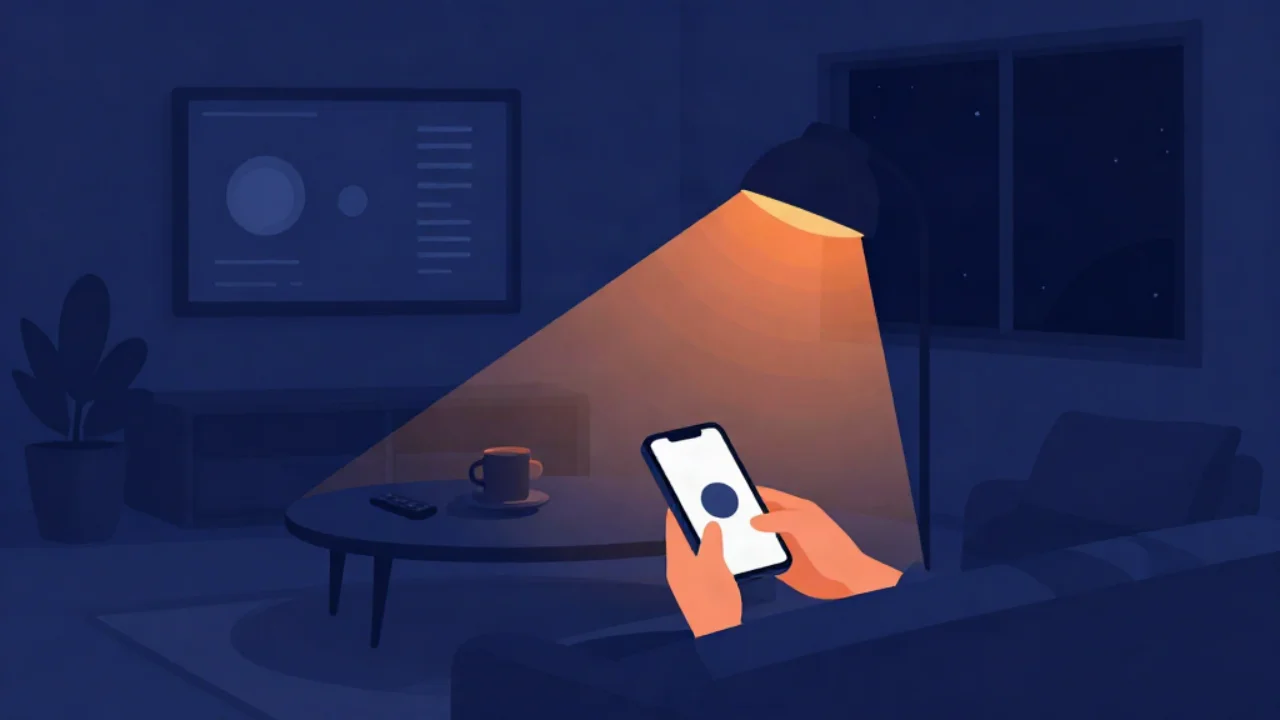 Flat vector illustration in deep navy blue of a cozy living room at night: a pair of hands holds a smartphone showing a simple looping animation of a rounded shape, lit by a warm sunset-orange floor lamp, with a wall-mounted screen, a coffee table with a mug and remote, a plant, and a night sky through the window.