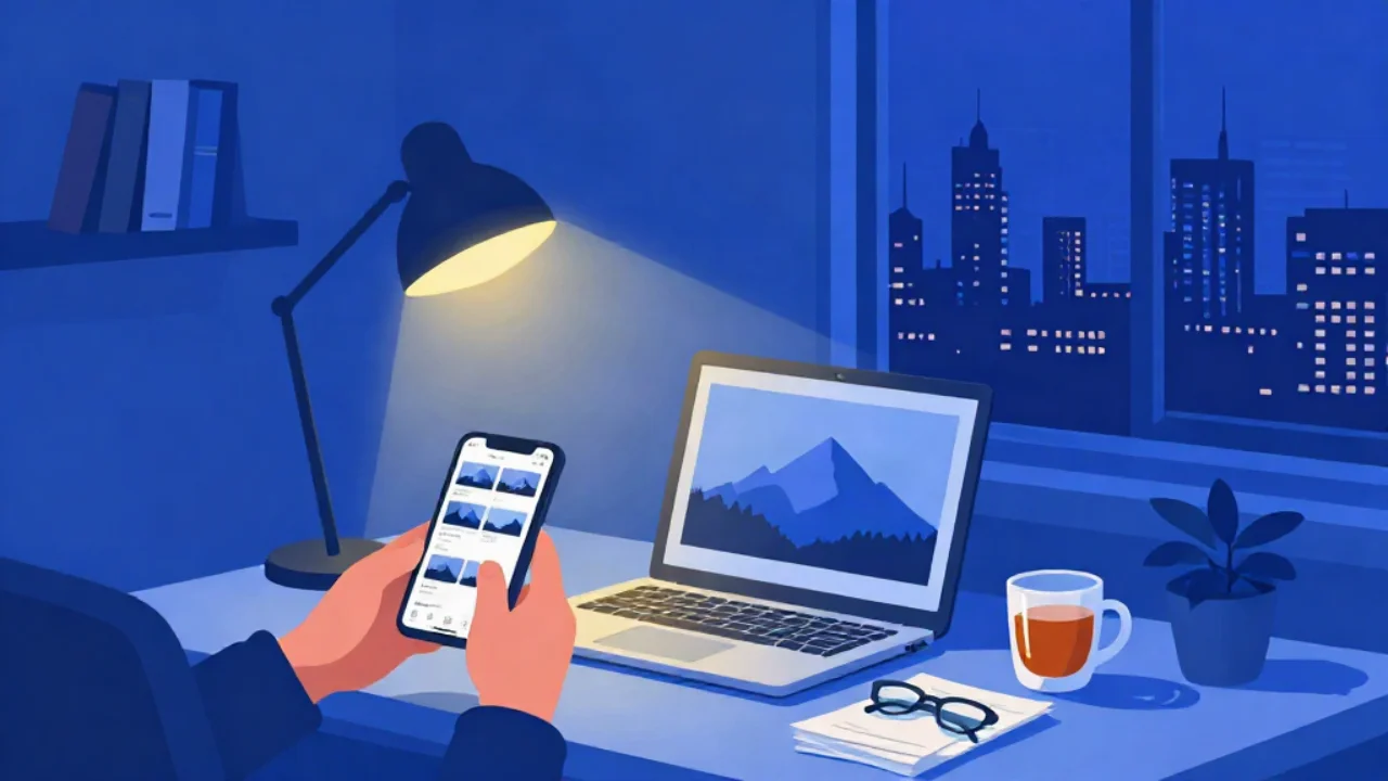 Flat vector illustration in cobalt blue of a home desk at night: a pair of hands holding a phone that shows a grid of photo thumbnails, an open laptop beside it displaying a single mountain photo, a warm gold desk lamp lighting the scene, a glass mug of tea, a folded pair of glasses on a stack of papers, a potted plant, a shelf of books, and a window looking out on a night city skyline