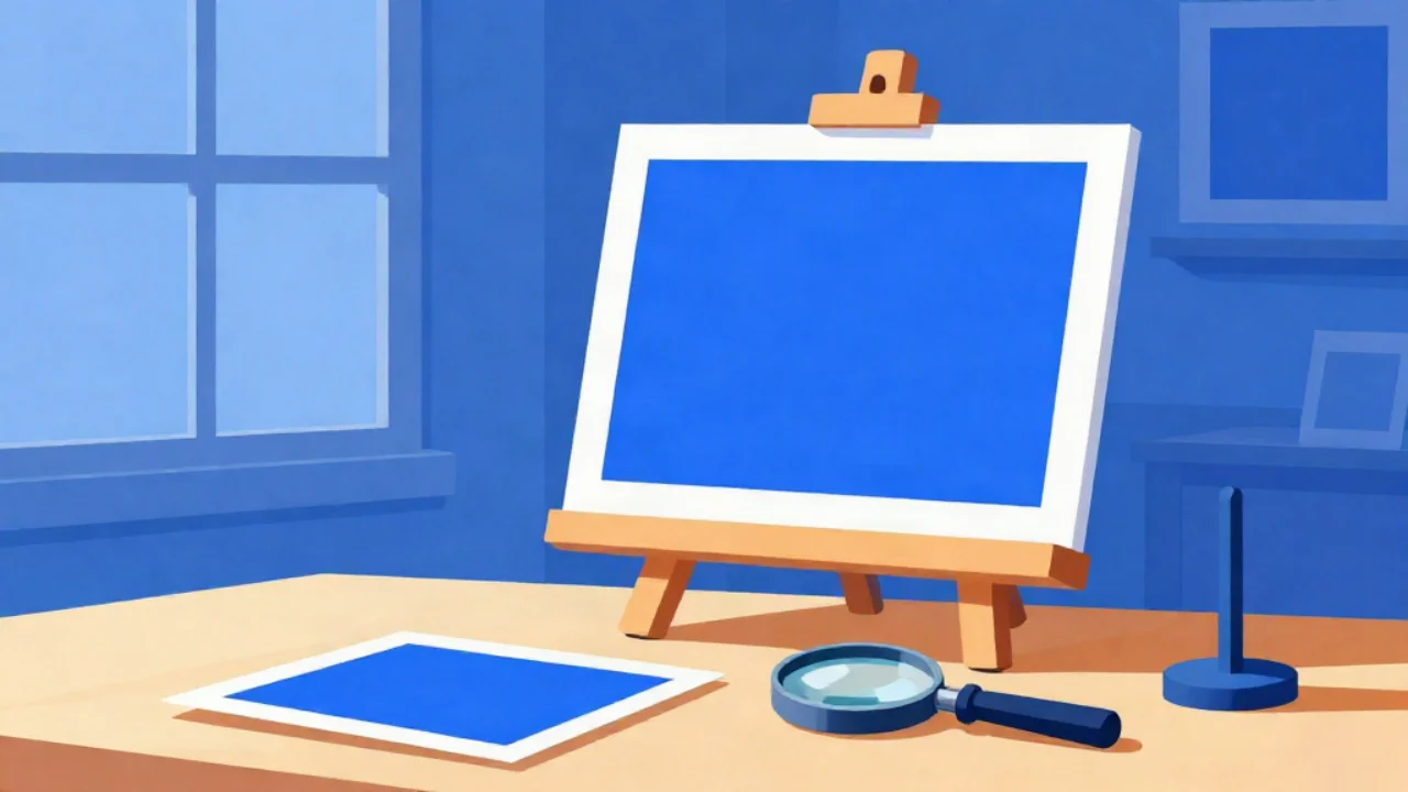 Flat vector illustration in cobalt blue of a studio desk: a small framed print beside a much larger version of the same image on an easel, with a magnifying loupe in the foreground and a window behind