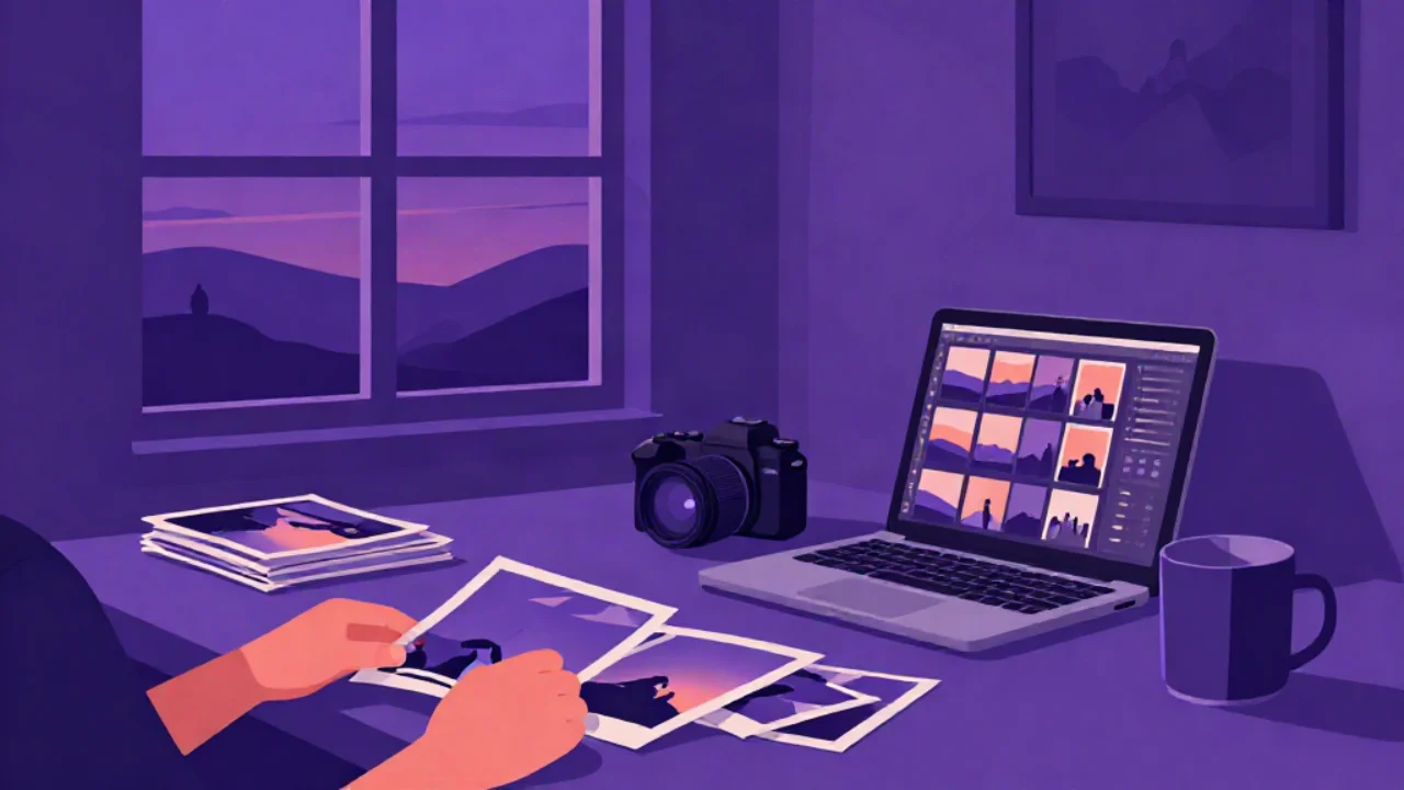 Flat vector illustration in deep violet and purple of a photographer's desk at dusk: a pair of hands sorts glossy printed photographs beside a mirrorless camera, a laptop showing a grid of photo thumbnails, and a mug, with warm peach light on the prints and a violet dusk sky through the window.