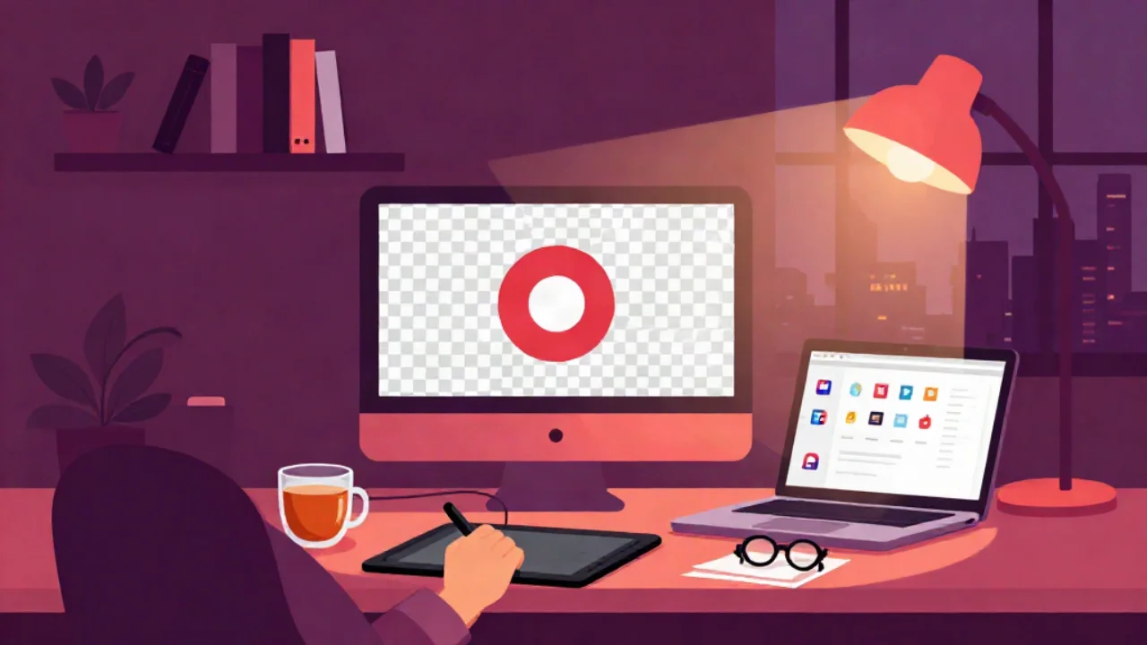 Flat vector illustration in deep plum of a designer's evening desk: a large monitor showing a round logo mark centred on a grey-and-white checkerboard transparency pattern, an open laptop beside it displaying a grid of small colourful app icons, a hand resting on a pen tablet with a stylus, a glass mug of tea, a folded pair of glasses on a sheet of paper, a potted plant and a shelf of books, and a warm coral desk lamp lighting the scene against a dusk city skyline