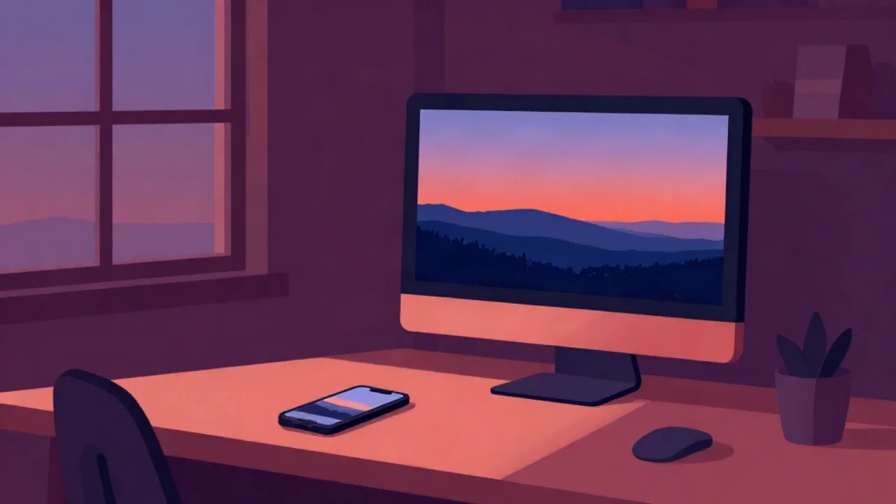 Flat vector illustration in deep plum of a desk at dusk: a monitor showing a vivid, saturated sunset landscape and a phone on the desk showing a duller version of the same scene, beside a window and a plant