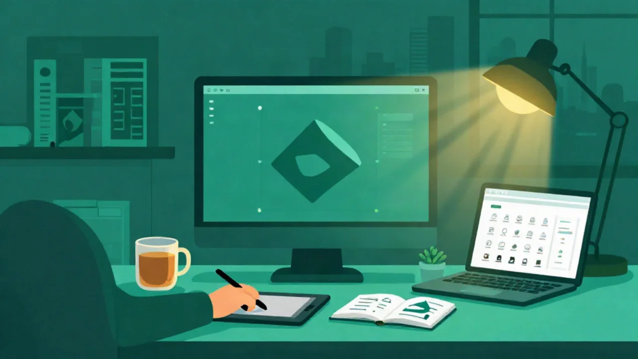 Flat vector illustration in deep teal of a graphic designer's evening desk: a hand with a stylus on a pen tablet, a mug of tea, a large monitor showing a geometric logo mark with vector node handles on a smooth curve, a laptop displaying a grid of small icons, an open sketchbook, a potted plant, a shelf of design books, and a gold desk lamp casting warm light against a dusk skyline window