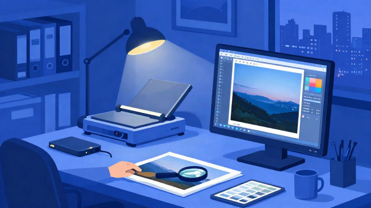 Flat vector illustration in cobalt blue of a prepress and archiving desk at night: a flatbed scanner with its lid open, a large monitor showing a photo editor with a mountain landscape and a colour-swatch panel, a hand holding a printed photo under a magnifying loupe, an external hard drive, a colour calibration card, a mug, shelves of archive binders, a framed print, and a warm gold desk lamp lighting the scene against a dusk city skyline