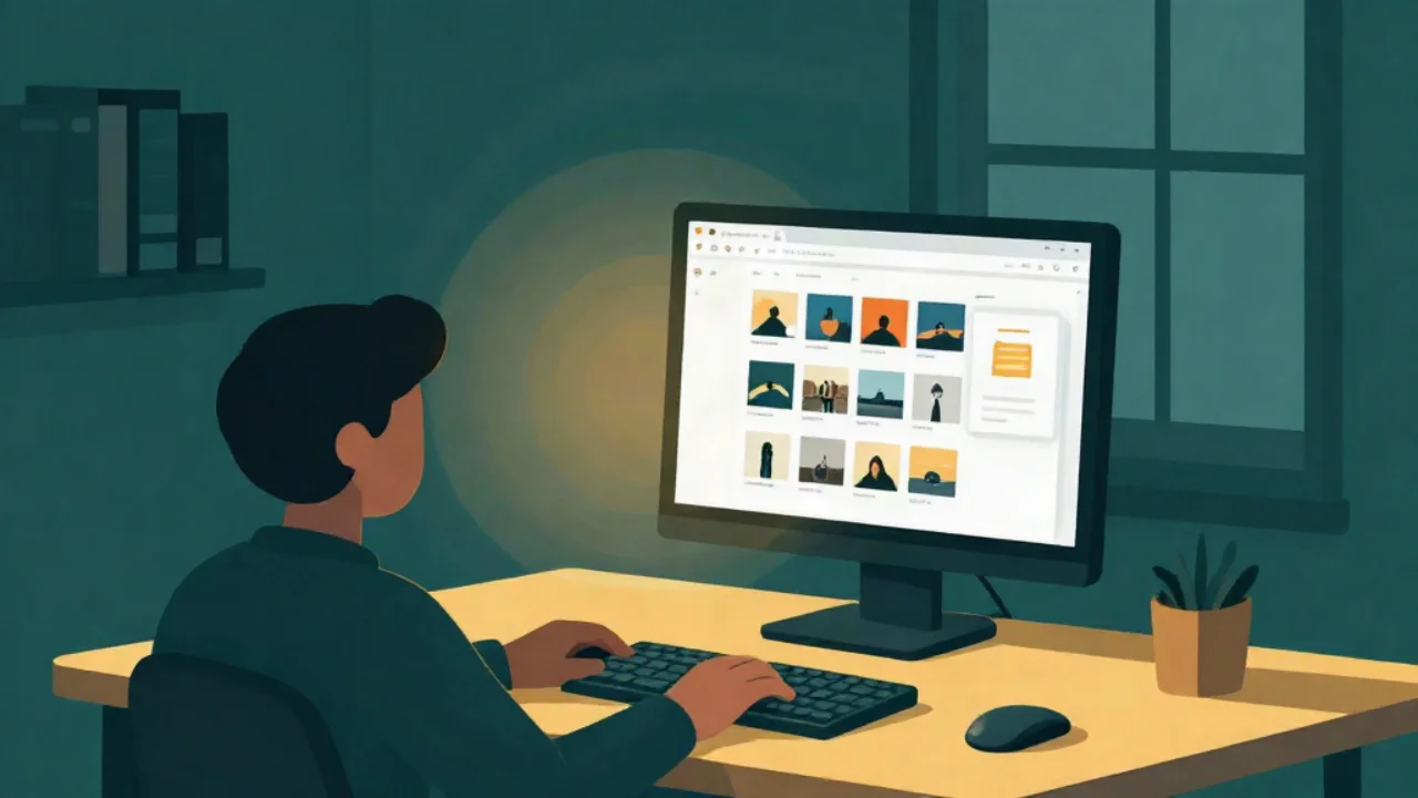 Flat vector illustration in deep teal of a person at a desk at night viewing a monitor filled with image thumbnails in a web browser, warm lamp glow, a window and shelf behind
