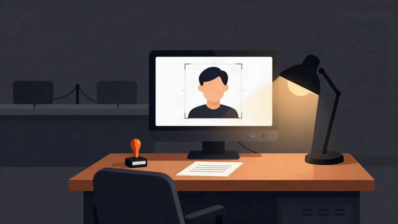 Flat vector illustration in charcoal of a passport office desk at dusk: a monitor showing a face centred inside alignment brackets, an amber desk lamp, a rubber stamp and a document, with a rope divider and empty chairs behind