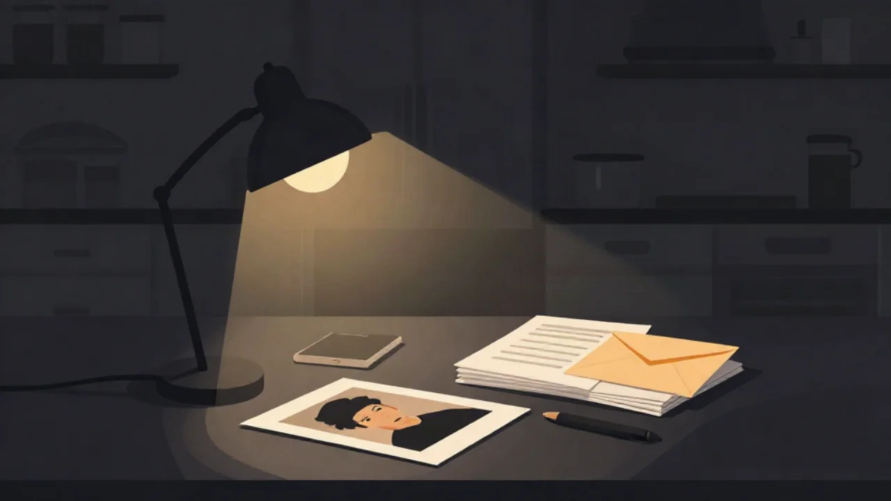 Flat vector illustration in charcoal of a kitchen table at night under a desk lamp: a printed portrait photo set aside, a phone, and a stack of application paperwork with an envelope and pen